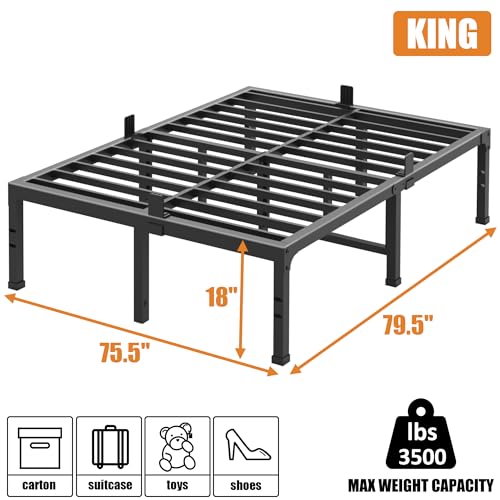 Image of FUIOBYVV King Bed Frames,18 Inch Heavy Duty Metal Platform Bed Frame King Size Support Up to 3500 lbs with Headboard Compatible,No Box Spring Needed,Steel Slat Support,Noise Free,Easy Assembly