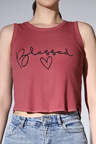 Image of OM SAI LATEST CREATION Crop Tops for Women || Ribbed Solid Chest Printed Crop Top for Girls || Text & Hart Print with Round Neck & Sleeveless Crop Top for Women || Tank Top.