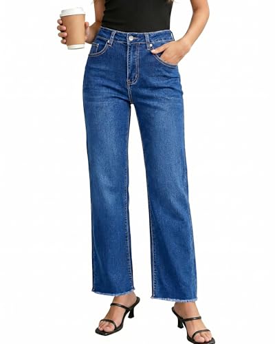 Image of GRAPENT Straight Leg Jeans for Women High Waisted Stretchy Frayed Raw Hem Loose Denim Pants Casual Baggy Jean Trousers