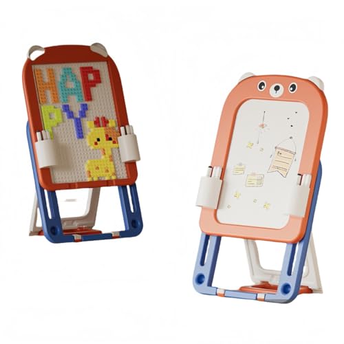 miluFox折りたたみ式 お絵かきボード ホワイトボード 子供用 大型 知育玩具 高さ調節可能 マグネット式 スイス製 磁気ペンで書いて消せる おもちゃ 椅子付き (レッド&ブルー,積み木板 + 知育スタートセット)