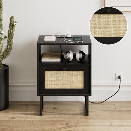 Image of Masupu Extra Large Rattan Nightstand,Boho Night Stand Modern Farmhouse Wood Bedside Table with Storage Drawer and Open Shelf,Side End Table for Bedroom,Living Room,Black