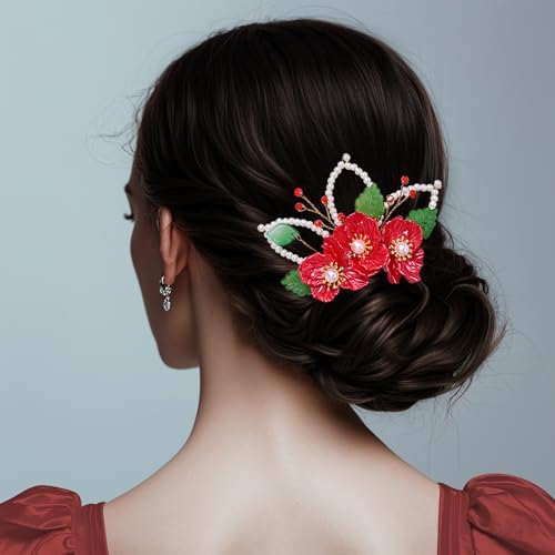 Peine decorativo rojo floral para boda con perlas miniatura 4