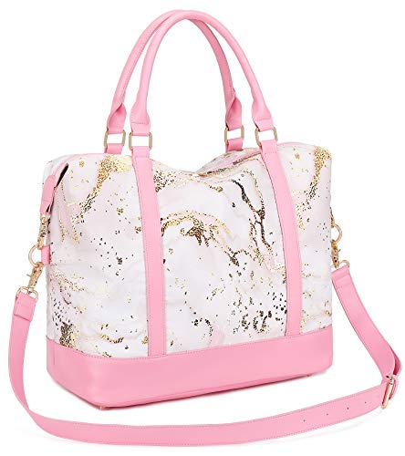 Women Ladies Weekender Carry-on Tote Bag Overnight Duffel in Trolley Handle (B-Pink Marble)