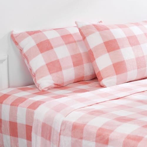 Micro Fleece Checkered Bed Sheet Set Queen Size- Ultra-Soft Velvet Plush Bed Sheets with Deep Pockets,No Pilling,Cozy Warmth for All Season - 4 Piece Set (Queen, Buffalo Plaid - Pink/White)