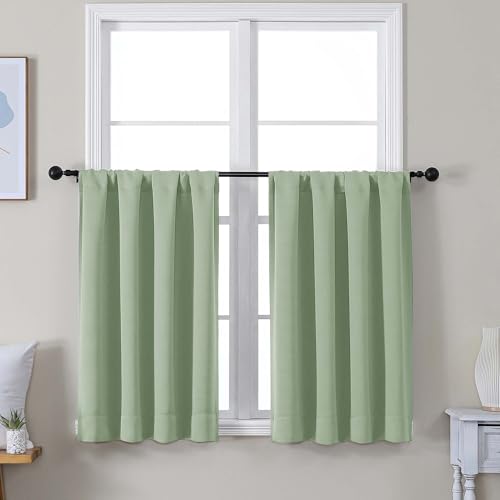 Image of Simplebrand Ava Light Green Short 36 Inches Blackout Curtain 2 Panels Set, Half Window Rod Pocket Privacy Curtain Tiers for Kitchen, Curtains Blackout for Bathroom Shades, W40 x L36 Inch, Light Green
