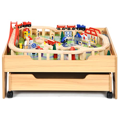 GOPLUS 100 Pcs Ensemble de Chemin de Fer avec Véhicules, Circuit Train Enfants en Bois,Table d'Activité avec Rangement à roulettes, Pistes, Trains, Voitures 63x78x33CM