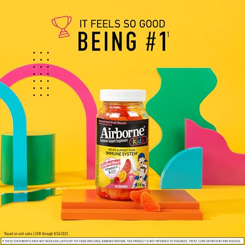 Image of Airborne Kids 500mg Vitamin C Gummies, Kids Immune Support Zinc Gummies with Powerful Antioxidants VIT C & E - 63, Assorted Fruit Flavor | Antioxidants Vitamins A, D & E + Zinc, Selenium, and Manganese, Herbal Blend, Naturally Flavored Supplements, Immune health