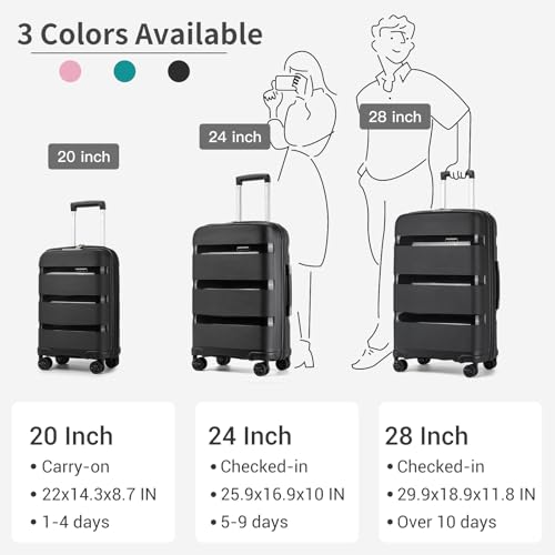 Image of Kono Luggage Sets 3 Piece Hard Shell Travel Trolley 4 Spinner Wheels Lightweight Polypropylene Suitcase with TSA Lock (Black, 20 /24 /28 Set)