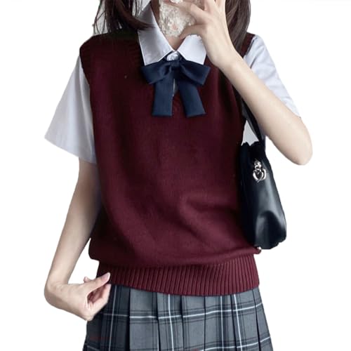 [Foravana] スクールベスト 女子 学生 制服 ニット Vネック ニットベスト チョッキ オールシーズン 綿100% ノースリーブ 通学用 無地 ゆったり キッズ 男女兼用 春夏 秋冬 （L・ワインレッド）（Amazon）
