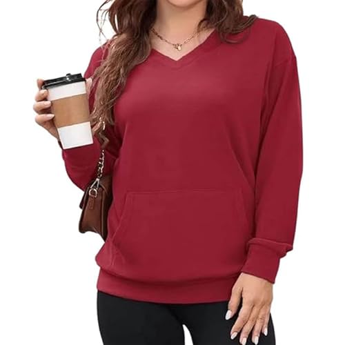 Recollectk - Sudadera con capucha para mujer, cuello en V, sin sombrero, con bolsillos, sudadera informal de manga larga, rojo vino, XL