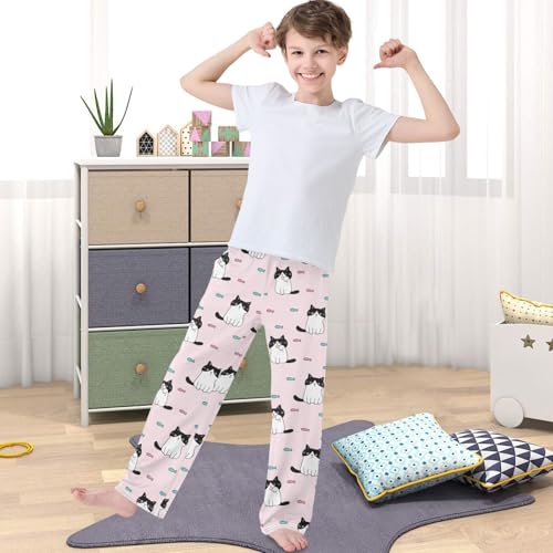 Boy's Lounge Pants Cartoon Cat Fish Light Pink Kids Jogger Pants Elastic Waist Long Bottoms with Pockets 6-14 Years4