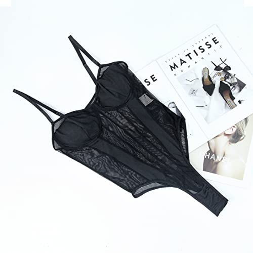 Body Damen Sexy Sheer Mesh Bodysuit Transparenter Spaghettiträger Ärmellos Body Rückenfreie Slim Jumpsuit Stretchy Netz Unterziehbody Blusebody Elegant Schmal Oberteil Mode Going Out Tops