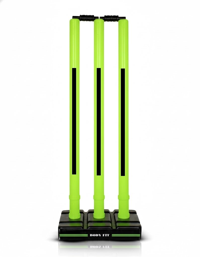 BodyFit Premium Cricket Wicket Set l Heavy Duty Plastic l Standard Size l 3 Stumps+2 Bails+1 Stand Set l Professional Quality for Cricket Ground, Match, and Tournament,Green-Blac.-image-43