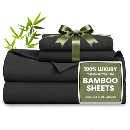 Image of Love's cabin 4 Piece Full Size Sheet Set, 100% Rayon Derived from Bamboo, Cooling & Breathable, Soft Silky Deep Pocket up to 16 inch, Hotel Luxury Bedding for Hot Sleepers, Black