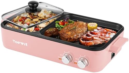 Topwit Hot Pot Electric with Grill, 2 in 1 Indoor Non-stick for Steaks, Shabu Shabu, Noodles, Simmer and Fry, Korean BBQ Grill, Independent Dual Temperature Control, Pink