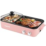 Topwit Hot Pot Electric with Grill, 2 in 1 Indoor Non-stick for Steaks, Shabu Shabu, Noodles, Simmer and Fry, Korean BBQ Grill, Independent Dual Temperature Control, Pink