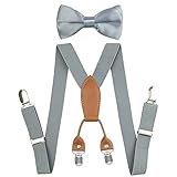 Kinder-Hosenträger, elastisch, einfarbig, 2,5 cm, mit 4 Metallclips, Grau mit Fliege, Large