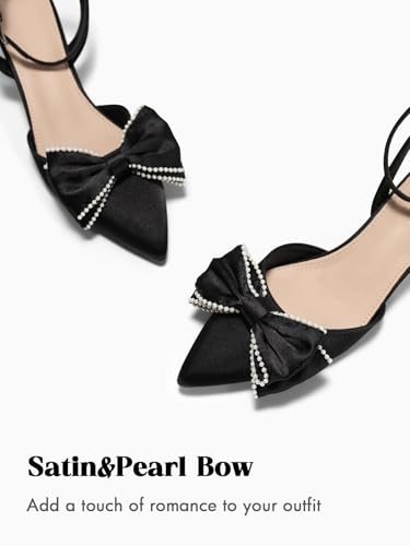 Image of Coutgo Womens Satin Kitten Low Heels Bow Pearl Closed Pointed Toe Pumps Ankle Strap Wedding Dress Shoes