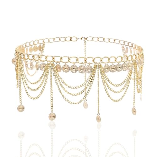 SCDZY Taillenkette Damen GoldBauchkette Gold Metall Kettengürtel Mehrschichtig Bauchkette Ketten Gürtel mit Quastenanhänger, 70 cm + Verlängerungskette 30 cm