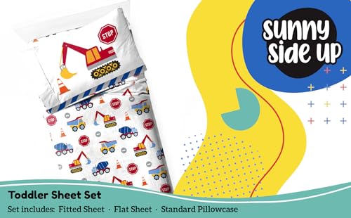 Image of Sunny Side Up Construction Zone Toddler Sheet Set - 3 Piece Toddler Bedding Set Includes Pillow Cover - Super Soft Trucks Microfiber Sheets