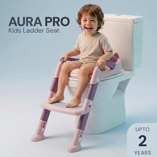 Image of Baybee Aura Pro Baby Ladder Potty Training Seat for Kids | Foldable Baby Western Toilet Seat with Adjustable Height, Grip Handle & Backrest | Potty Training Seat Chair for Kids 1 to 8 Years (Pink)