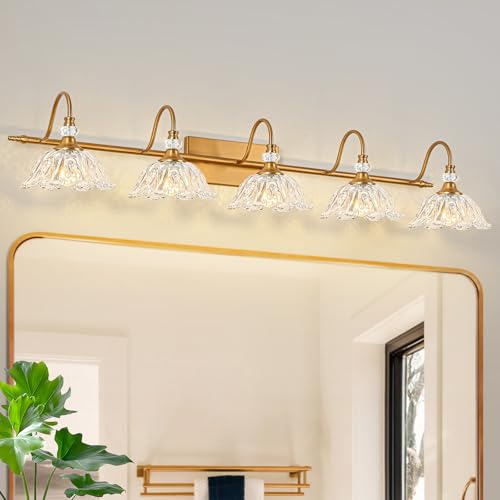 Image of Vintage Bathroom Vanity Light, 5-Light Matte Brass Finish Vanity Light with Floral Clear Glass Shades, Retro Wall Mount Lighting for Bathroom, Dressing Table