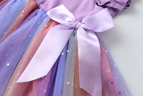 Rysly Toddler Girls Ruffle Sleeve Tulle Dress Elastic Waist Bow Kid Casual Sundress4