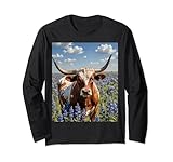 Raza de ganado tejano rodeada de altramuces azules Manga Larga