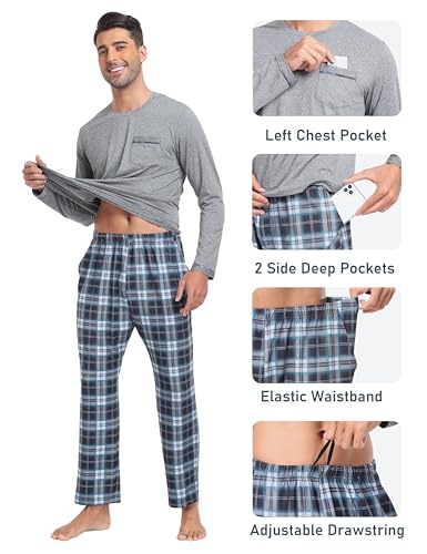 MoFiz Men's Pajamas Plaid Sets Sleepwear Sleep Long Sleeve Shirts and Pants Pajama Set Soft Mens Pjs Lounge Set with Pockets4