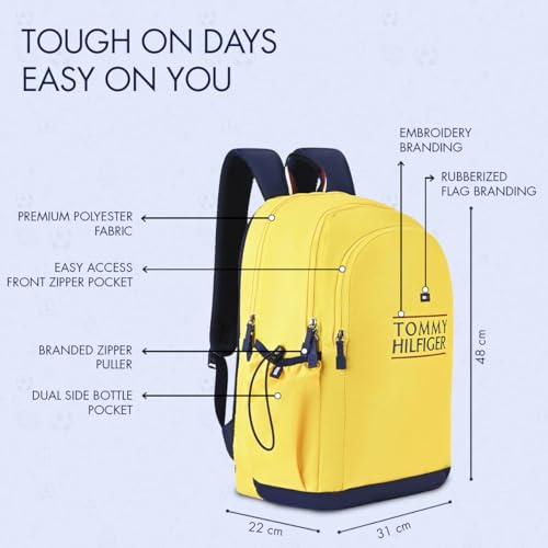 Image of Tommy Hilfiger Student School Bag & University Backpack Coral - Yellow+Navy | Durable Water-Resistant Polyester with Premium Embroidery | Multi-Utility Organiser & Rain Cover | 33L Capacity