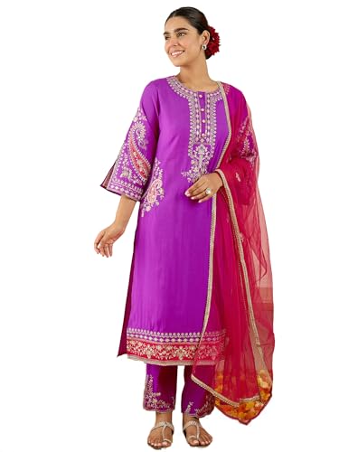 Image of INDO ERA Women's Silk Blend Embroidered Straight Kurta Pant with Dupatta