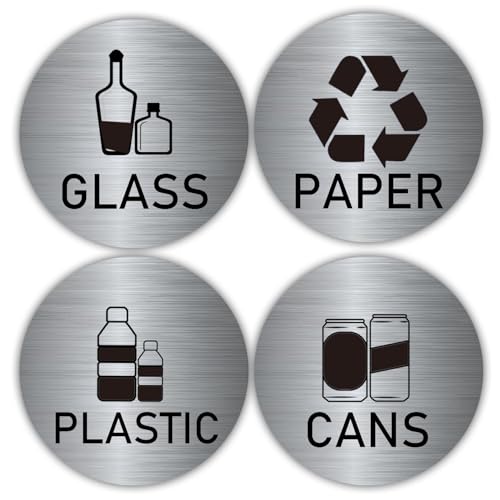 Recycle Stickers for Trash Cans Stainless Steel Style Vinyl Recycling Bin Labels 4 inch Recycling Sticker Sign for Use in Home and Office Indoor/Outdoor Use(12 Pack)