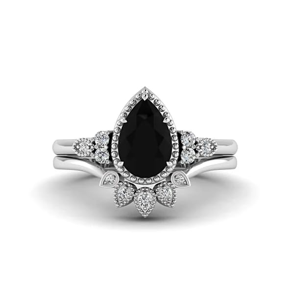 Black Wedding Ring Set for Women S925 Sterling Silver Personalized Pear Cut Black Onyx Ring Set Bridal Engagement Band Gift for Mather’s Day Her3