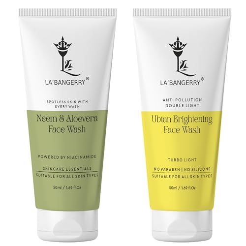 Image of LA'BANGERRY Anti-Pollution Ubtan Face Wash & Neem Aloe Vera Face Wash with Niacinamide | Deep Cleansing, Acne & Oil Control | For Men & Women Pack of 2 (50 ml Each)