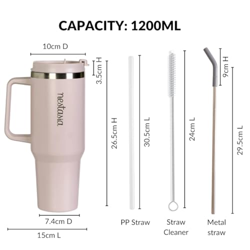 Image of Nestasia GripSip40 Tumbler with Straw & Side Handle 1.2L | Insulated Stainless Steel Sipper Water Bottle for Adults with Dual Flip Opening Sip-Swig Leakproof Lid for Office & Gym (Rosy Taupe)