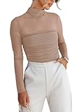 REORIA Women’s Fall Sexy Mock Turtle Neck Long Sleeve Sheer Mesh Slim Fit Ruched Trendy Going Out Leotard Bodysuits Tops Khaki Large