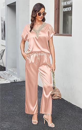 Image of Ekouaer Silk Pajamas Set Womens Lace V Neck Loungewear Short Sleeve Satin Shirt with Long Pant Silky Pjs