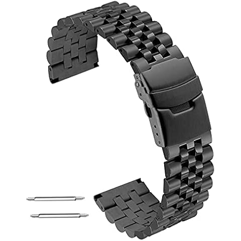 Premium Super 3D Black Stainless Steel Watch Strap Band 22mm Round&Sturdy Metal Watch Bracelet with Double Locks Diver Clasp For Men Women Cover