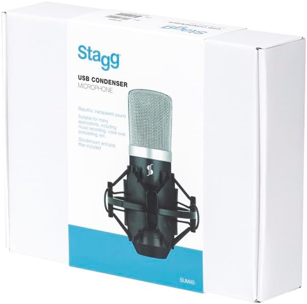 Retail packaging for the Stagg USB Condenser Microphone SUM40, showing the microphone and its features.