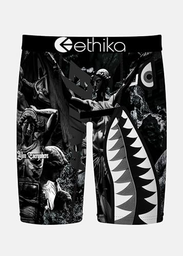 Ethika Men’s Boxer Brief, Knee Length, 4-Way Stretch Performance Underwear with Graphic Prints - Bomber Be Bold (BLW, M) Black/White