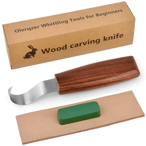 Olerqzer Wood Carving Knife With Leather Strop and Polishing Compound Wood Whittling Tools for Beginners Adults and Kids (Hook Carving Knife)
