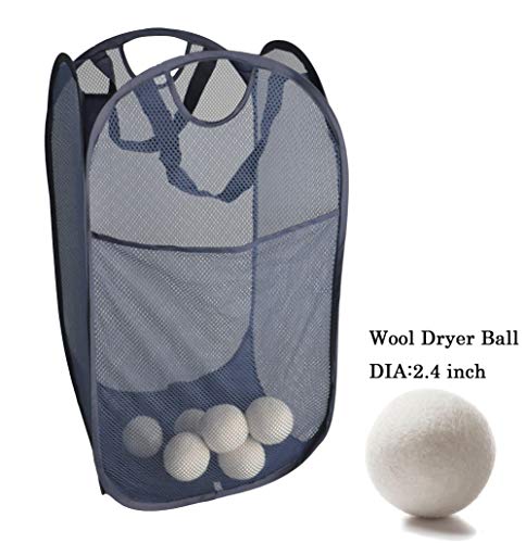 Pop-up Laundry Hamper, Knocbel Collapsible Durable Mesh Storage Baskets Steel Wire Frame with Side Pocket and Portable Handles 2-Pack (Navy Blue)