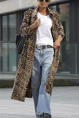 ebossy Women's Notch Lapel Leopard Print Duster Trench Coat Open Front Loose Faux Suede Mid Long Pea Coat3