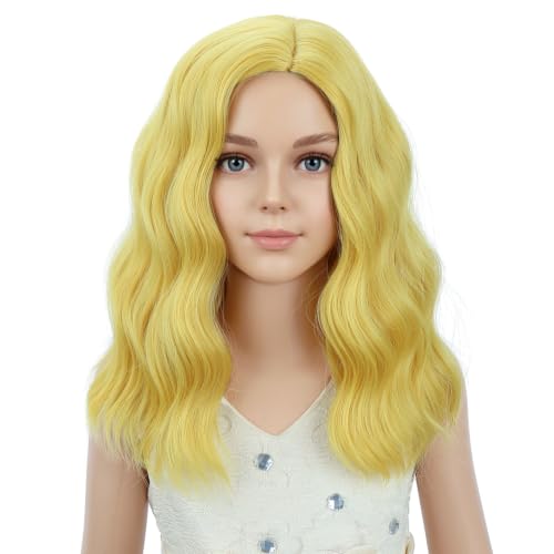 Image of PATTNIUM Golden Short Curly Wavy Wigs for Kids Girls Golden Blonde Side Part Shoulder Length Heat Resistant Synthetic Wig Halloween Cosplay Costume Party Daily Wigs