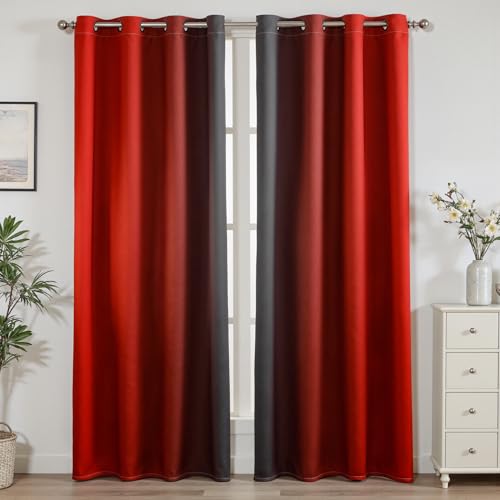 weesire Black and Red Blackout Curtains for Bedroom Living Room 2 Panels 100% Blackout Ombre Gradient Curtains 52x84 Inches
