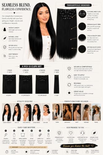 Image of Salon-Grade Clip-in Hair Extensions for Women, Imported Synthetic Hair, 6 PCS with 13 Secure Clips, Instant Volume, Natural Blend, Reusable Hair Volumizer (Black, Straight)