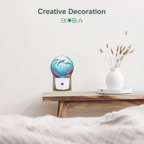 Image of EKOBLA Dolphin Night Light, Colorful Ocean Coral and Fish Night Lights Plug Into Wall with Auto Sensor for Coastal Bathroom Home Decor