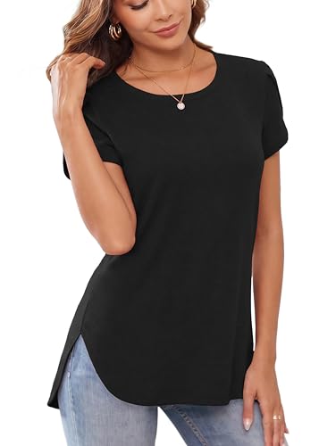 Image of Herou Women's Casual Long /Short Sleeve T Shirt Crewneck with Side Split Fall Pullover Loose Tunic Sweater Tops