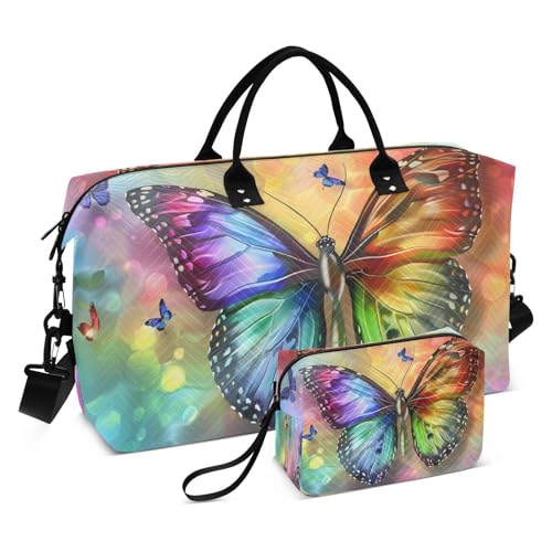 Butterfly Travel Duffle Gym Bag, Rainbow Butterfly Print Weekender for Women with Toiletry Bag Travel