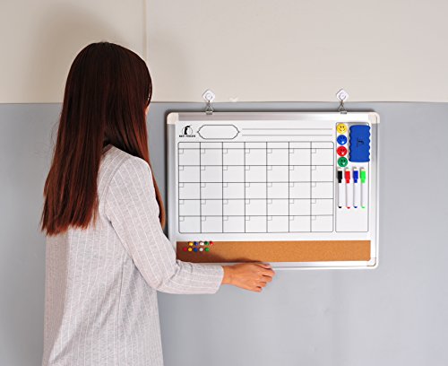 Whiteboard Monthly Wall Calendar Set - 24 X 18 Inch Magnetic Dry Erase/Cork Board Planner With 1 Eraser, 4 Dry Wipe Markers, 4 Magnets And 10 Thumb Tacks - Small Hanging Framed White Bulletin Board #TOP2